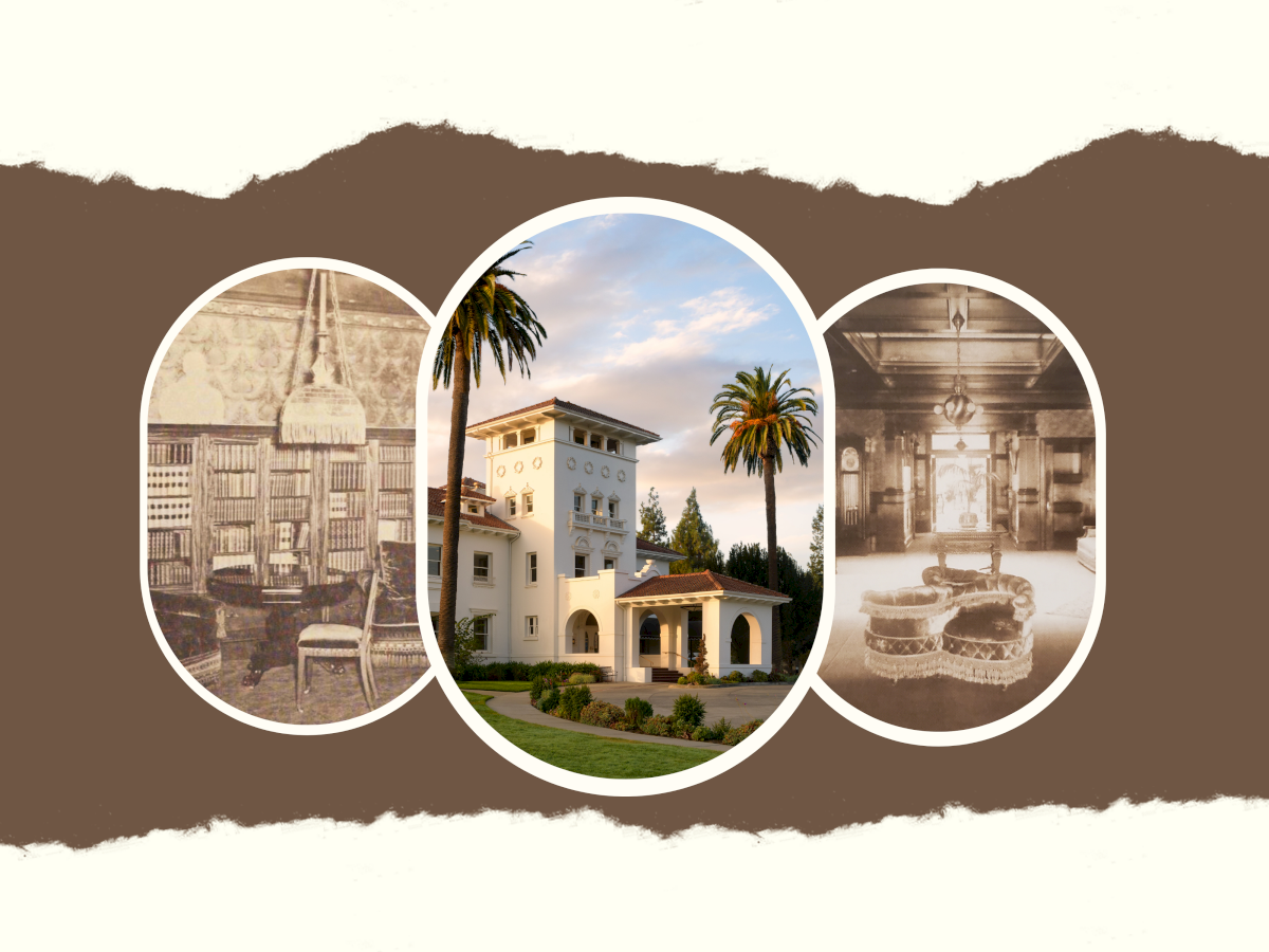 A collage of three oval photos showing a historic home and garden with palm trees, plus sepia interior/exhibit scenes in a brown frame.