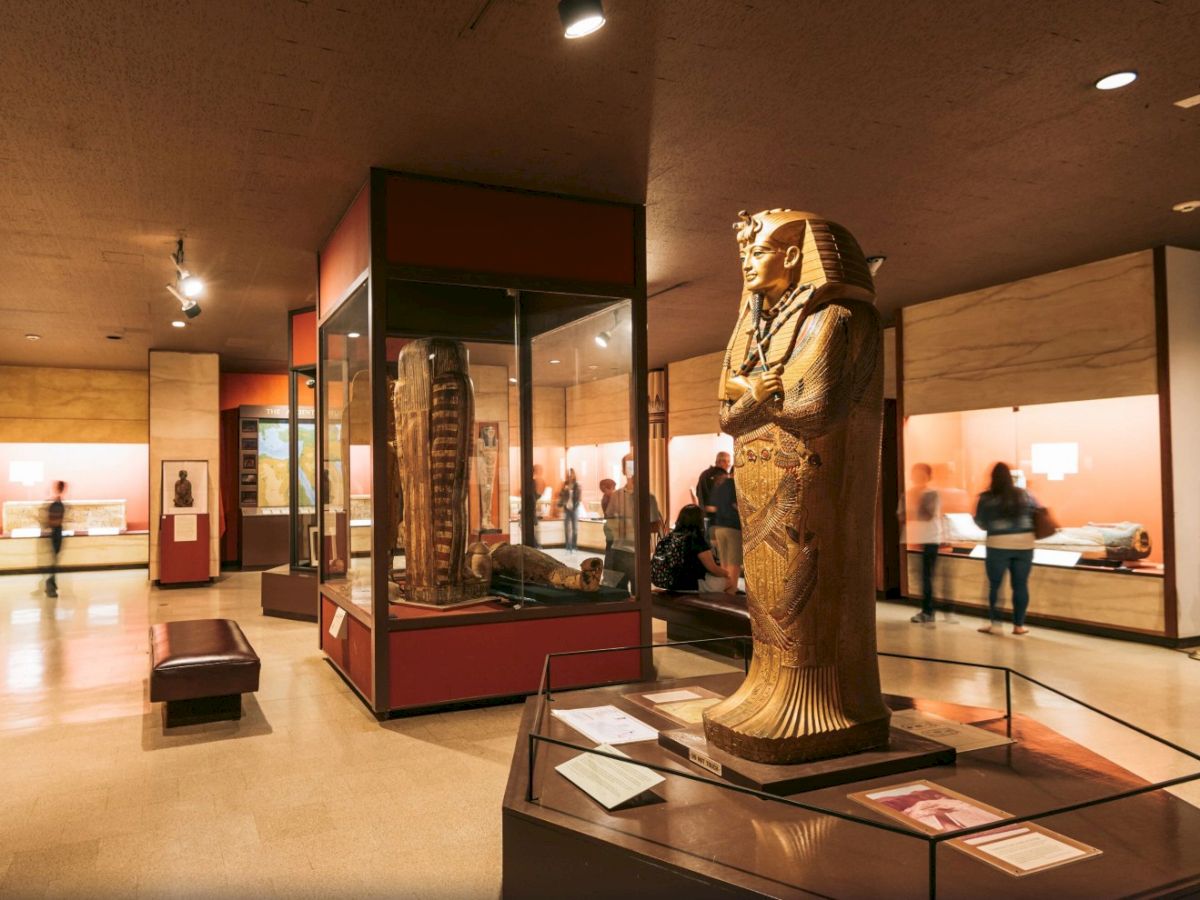 A museum gallery displays an Egyptian-style pharaoh statue in a glass case, surrounded by visitors and other artifacts.