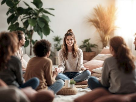A smiling woman leads a group circle on a couch in a cozy room, talking with kids and adults.