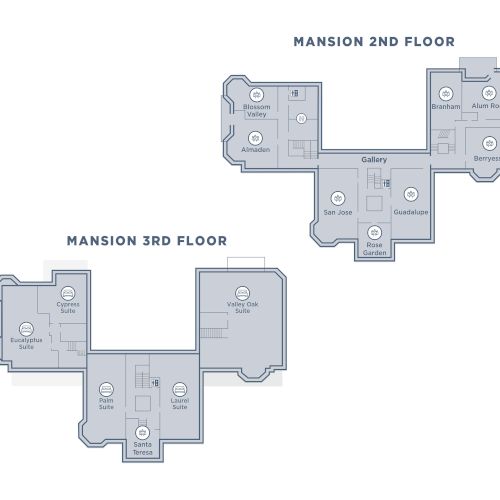 A two-floor mansion layout: 2nd floor with multiple rooms and a central hall, plus a connected 3rd floor wing with more suites and corridors.