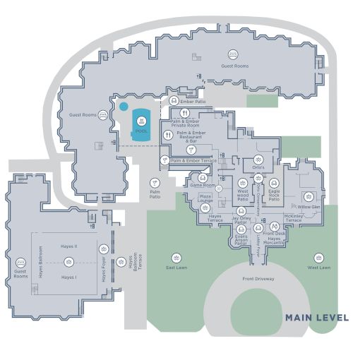 A labeled floor plan of a building&rsquo;s main level, with rooms, pathways, and green outdoor areas shown.